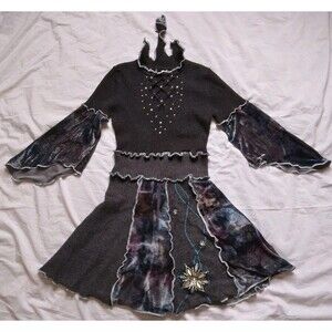 Fairy Goth Whimsigoth Witchcore Mini Dress Black Embroidered Flutter Bell Sleeve